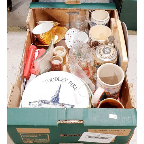 155 - A box of glass and china including a Stoodley Pike plate. No shipping. Arrange collection or your ow... 