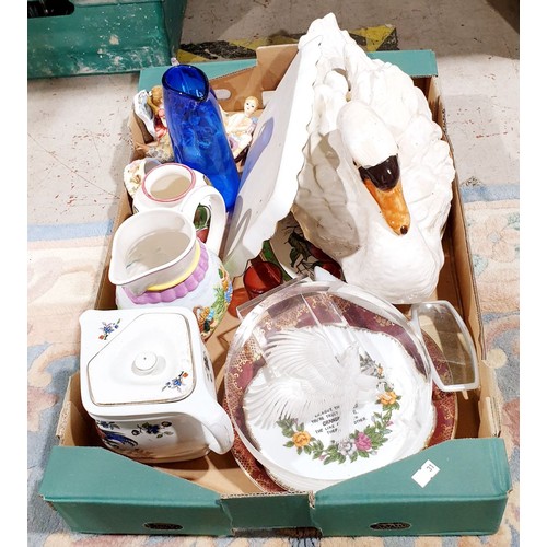 182 - A box of ceramics and china including a large swan. No shipping. Arrange collection or your own pack... 