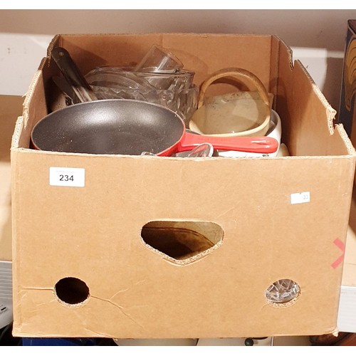 234 - A box including a Le Creuset pan. No shipping. Arrange collection or your own packer and shipper, pl... 