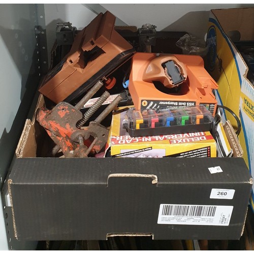 260 - A box of tools including a bench grinder and assorted. No shipping. Arrange collection or your own p... 