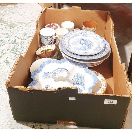 285 - A box of ceramics including blue and white. No shipping. Arrange collection or your own packer and s... 