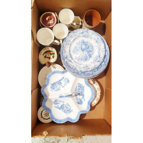 285 - A box of ceramics including blue and white. No shipping. Arrange collection or your own packer and s... 