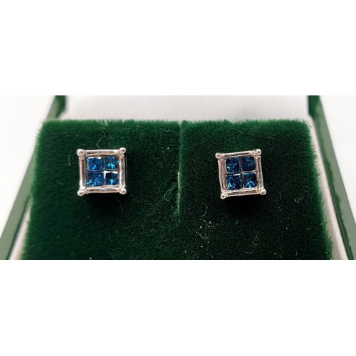 25 - A pair of silver earrings set with 1/3ct of blue diamonds. UK shipping £14.