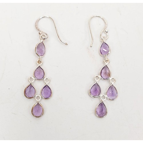 29 - A pair of silver drop earrings set with amethysts. UK shipping £14.