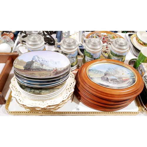 73 - Nine train collector's plates and tankards together with other collector's plates. No shipping. Arra... 