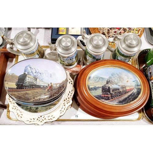 73 - Nine train collector's plates and tankards together with other collector's plates. No shipping. Arra... 