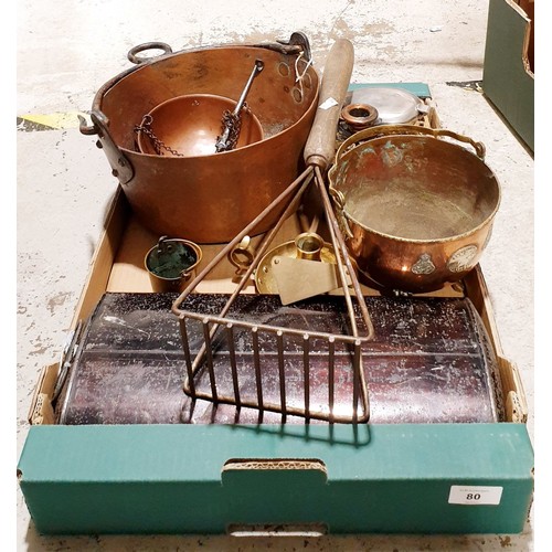 80 - A box of metal ware including a copper preserve pan. No shipping. Arrange collection or your own pac... 