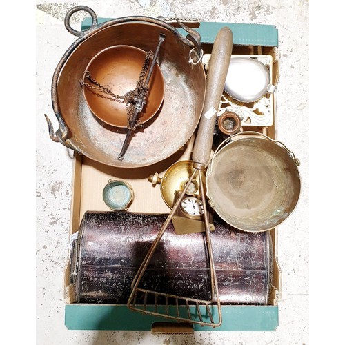 80 - A box of metal ware including a copper preserve pan. No shipping. Arrange collection or your own pac... 