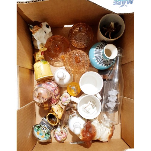 85 - A box of glass and ceramics including a 1937 King George VI coronation beaker and Art Deco dressing ... 