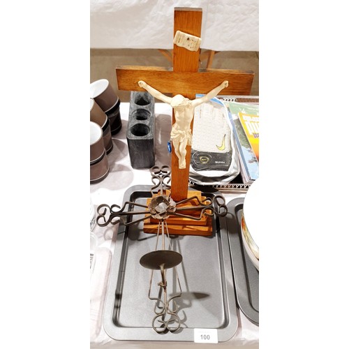 100 - A wrought iron cross candle holder, length 13