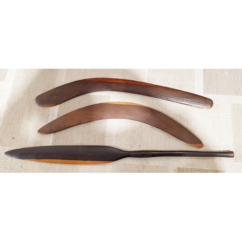 147 - Two boomerangs and a wooden spear, spear length 30.5