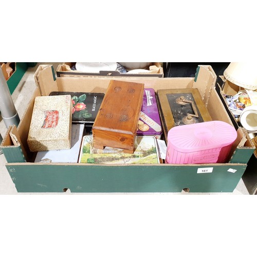 161 - A box including a vintage wooden box and vintage tins. No shipping. Arrange collection or your own p... 