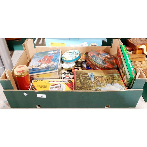 163 - A box of vintage tins. No shipping. Arrange collection or your own packer and shipper, please.