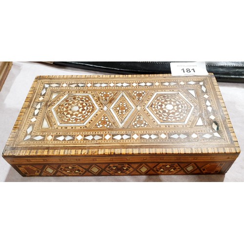 181 - A mosaic wood box inlaid with various woods and mother of pearl, width 7.5