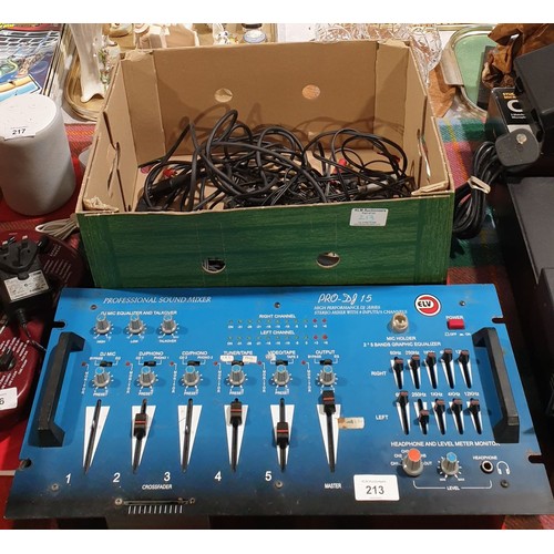 213 - An ELV Pro-DJ 15 sound mixer and a box of leads. No shipping. Arrange collection or your own packer ... 