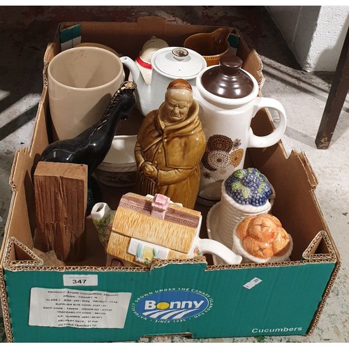 347 - A box of ceramics including an Abbott's Choice whiskey decanter. No shipping. Arrange collection or ... 