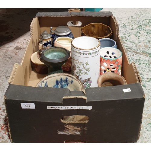 348 - A box of ceramics including studio pottery. No shipping. Arrange collection or your own packer and s... 