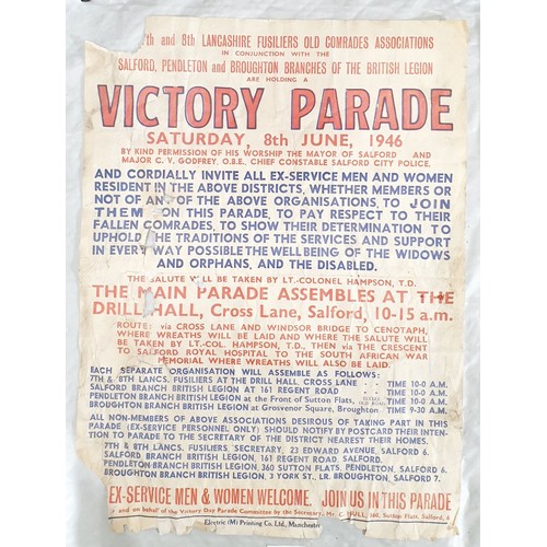 382 - Two posters, one for a victory parade for the Lancashire Fusiliers, Old Comrades Association, 8th Ju... 