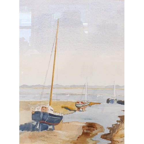 389 - A watercolour drawing depicting boats at low tide, 12.25