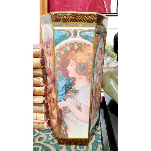 393 - A LaRue Art Nouveau style umbrella stand decorated with Alfred Mucha prints, height 18