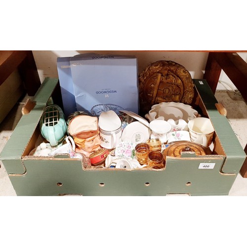 400 - A box of ceramics including Wedgewood. No shipping. Arrange collection or your own packer and shippe... 