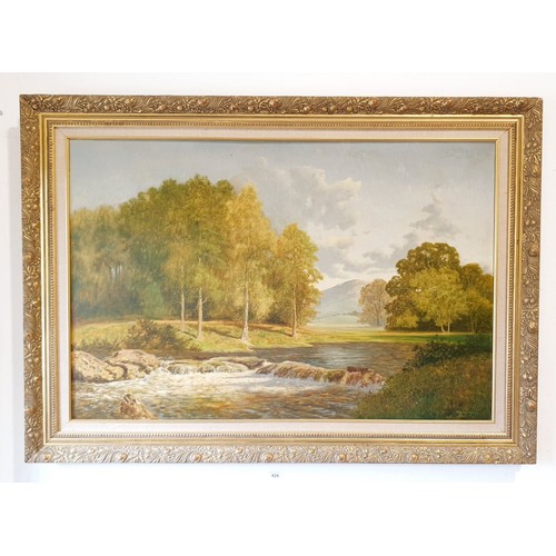 420 - David Mead: a riverscape, oil on canvas, signed lower right, A/F, 24