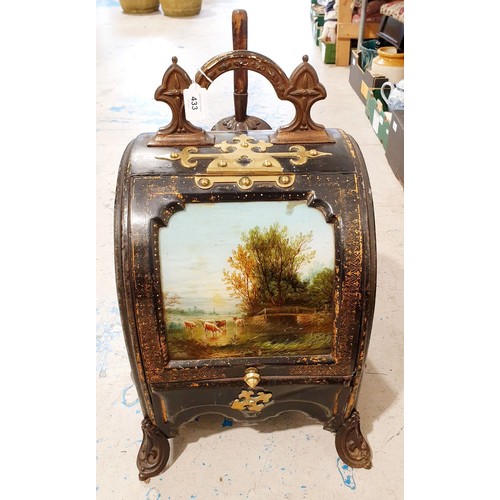 433 - A Victorian Toleware coal scuttle, the front having an oil on glass painting of a bucolic scene toge... 