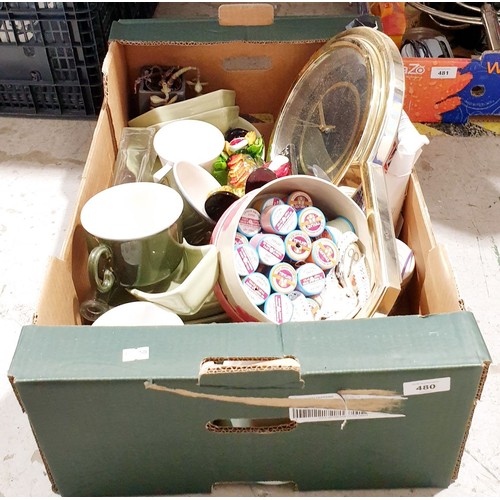 480 - A box including ceramics and bric-a-brac. No shipping. Arrange collection or your own packer and shi... 