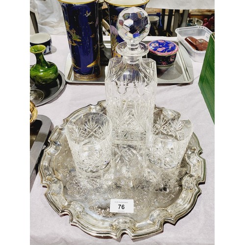 76 - A cut crystal decanter together with two  whiskey tumblers and a silver plated tray. No shipping. Ar... 