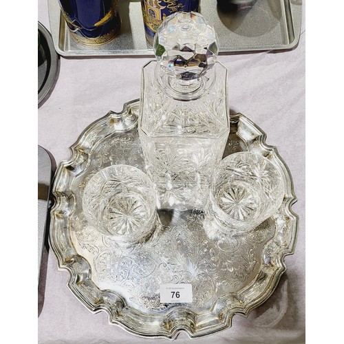 76 - A cut crystal decanter together with two  whiskey tumblers and a silver plated tray. No shipping. Ar... 