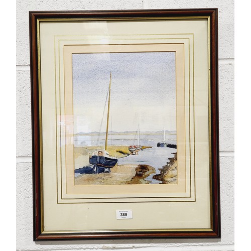 389 - A watercolour drawing depicting boats at low tide, 12.25