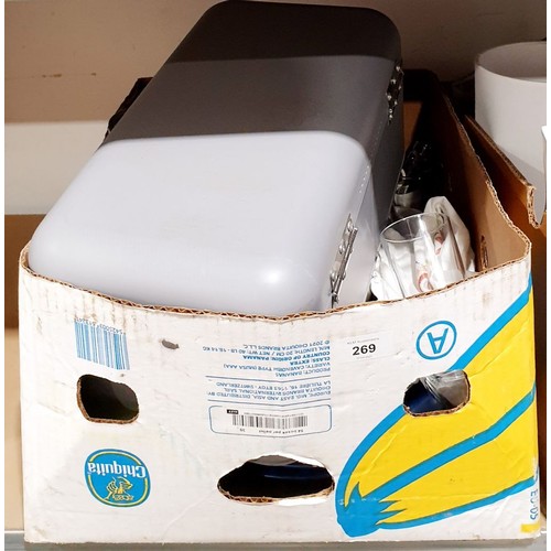 269 - Two boxes of kitchenware and electricals. No shipping. Arrange collection or your own packer and shi... 