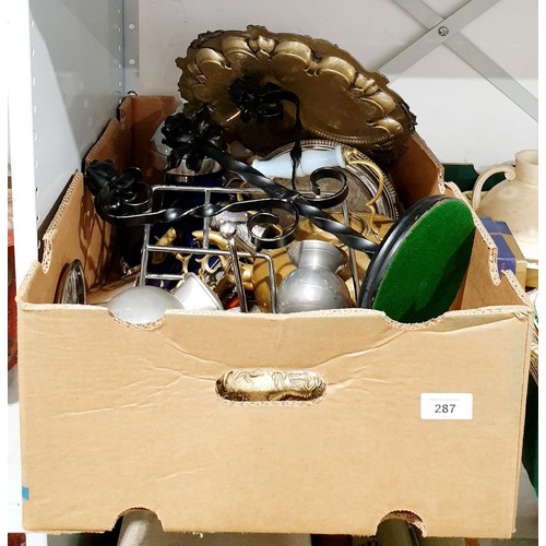 287 - A box of metal ware. No shipping. Arrange collection or your own packer and shipper, please. Electri... 