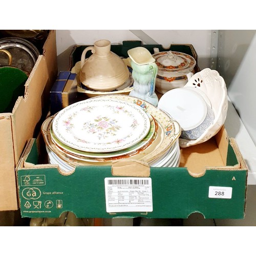 288 - A box of ceramics including a Crown Ducal vase. No shipping. Arrange collection or your own packer a... 