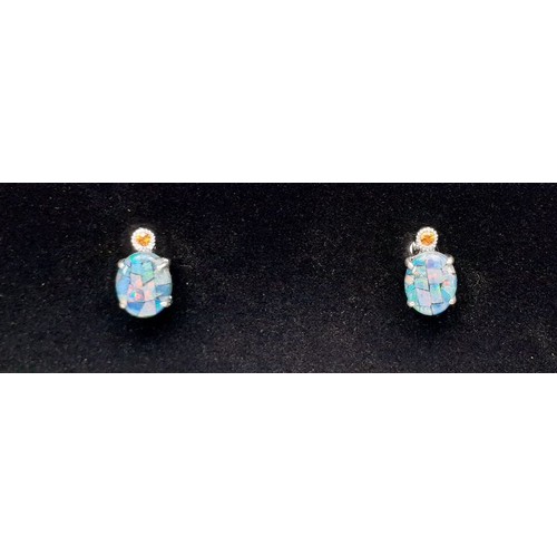 13 - A pair of silver earrings set with mosaic opals and orange sapphires. UK shipping £14.