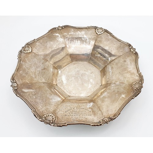 81 - A hallmarked silver dish with in inscription, diameter 10.25