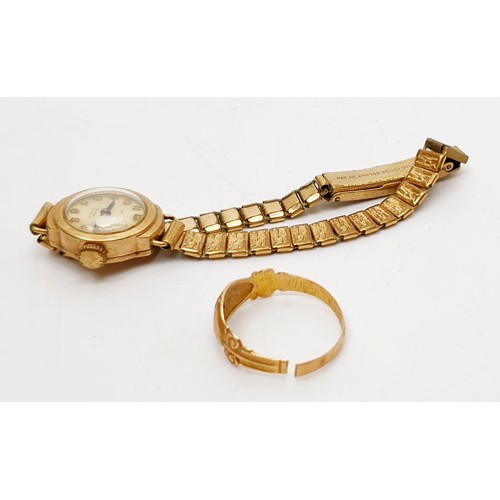 21 - A 9ct gold cased ladies watch on a rolled gold bracelet together with a scrap 15ct gold ring, ring w... 