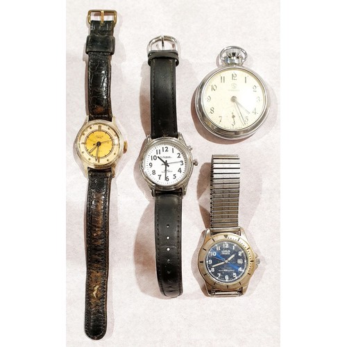 91 - A Lifemax atomic talking wrist watch, two other watches and a pocket watch. UK shipping £14.