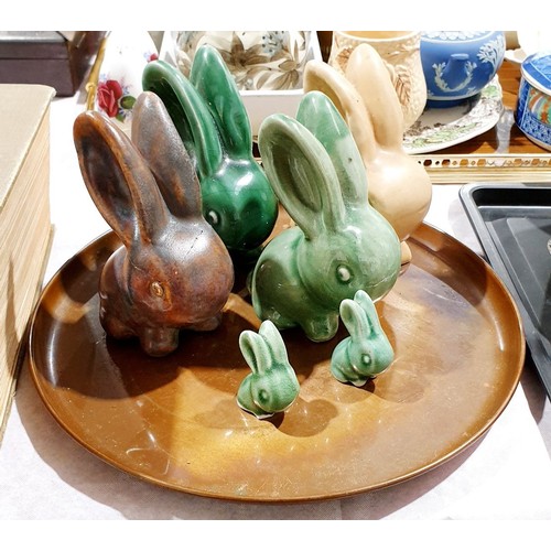 94 - Three vintage Denby rabbit ornaments together with three others and a copper tray. No shipping. Arra... 