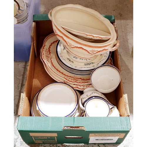 104 - A box of antique and later dinnerware including Wedgewood. No shipping. Arrange collection or your o... 