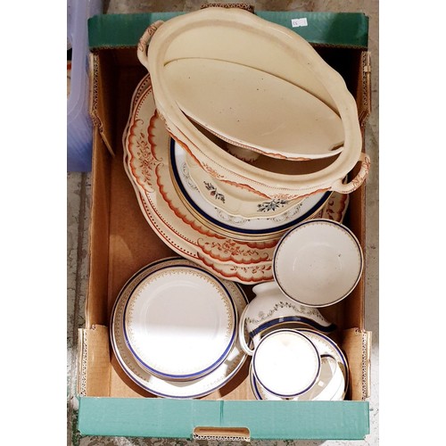 104 - A box of antique and later dinnerware including Wedgewood. No shipping. Arrange collection or your o... 