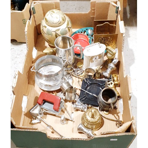 122 - A box of metal ware and assorted including a vintage Timor close comb safety razor. No shipping. Arr... 