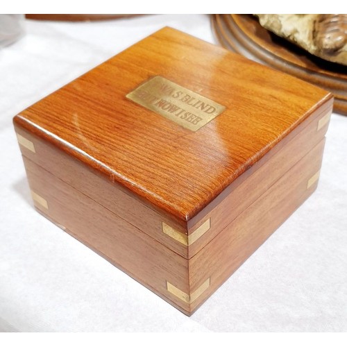 140 - A wooden box with a magnifier, with a brass plaque inscribed 