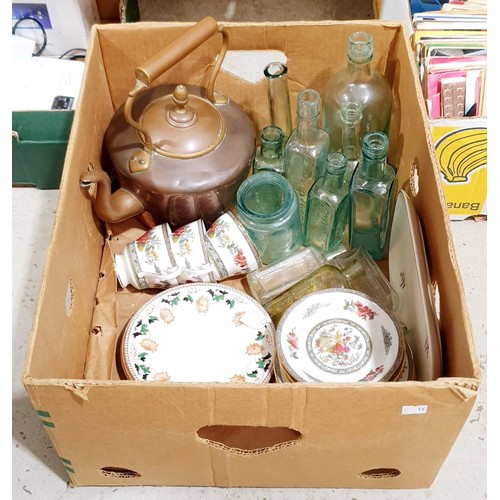 178 - A box of ceramics, glass and a copper kettle. No shipping. Arrange collection or your own packer and... 