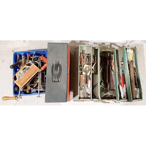 369 - A tool box and contents, a box of tools and a filing box. A Parkside reciprocating saw together with... 