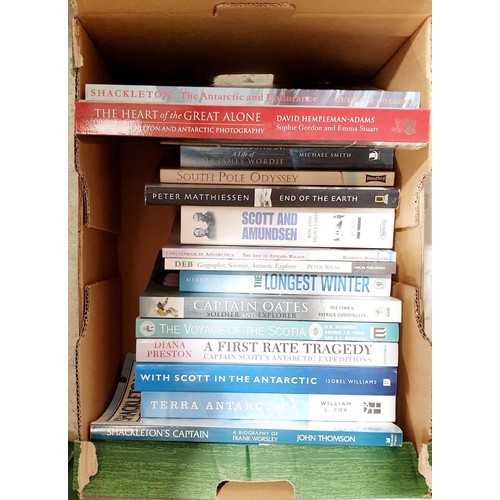 396 - A box of books on Shackleton, Scott and Oates' expeditions. UK shipping £14.