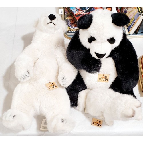 401 - Three Kosen soft toys of a polar bear, a panda and a dog, the tallest 20