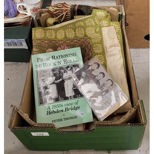 172 - A box including tapestries and assorted including a reproduction printed signed Beatles photograph. ... 