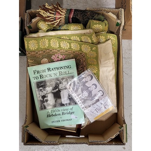 172 - A box including tapestries and assorted including a reproduction printed signed Beatles photograph. ... 