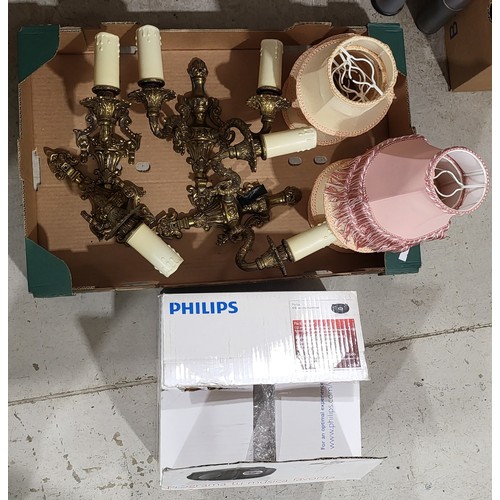 222 - A box of light fittings together with a Philips boom box. No shipping. Arrange collection or your ow... 